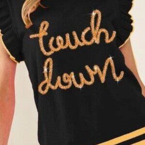 🏈 Saints Game Glam: Black & Gold Ruffle Touch DownTop